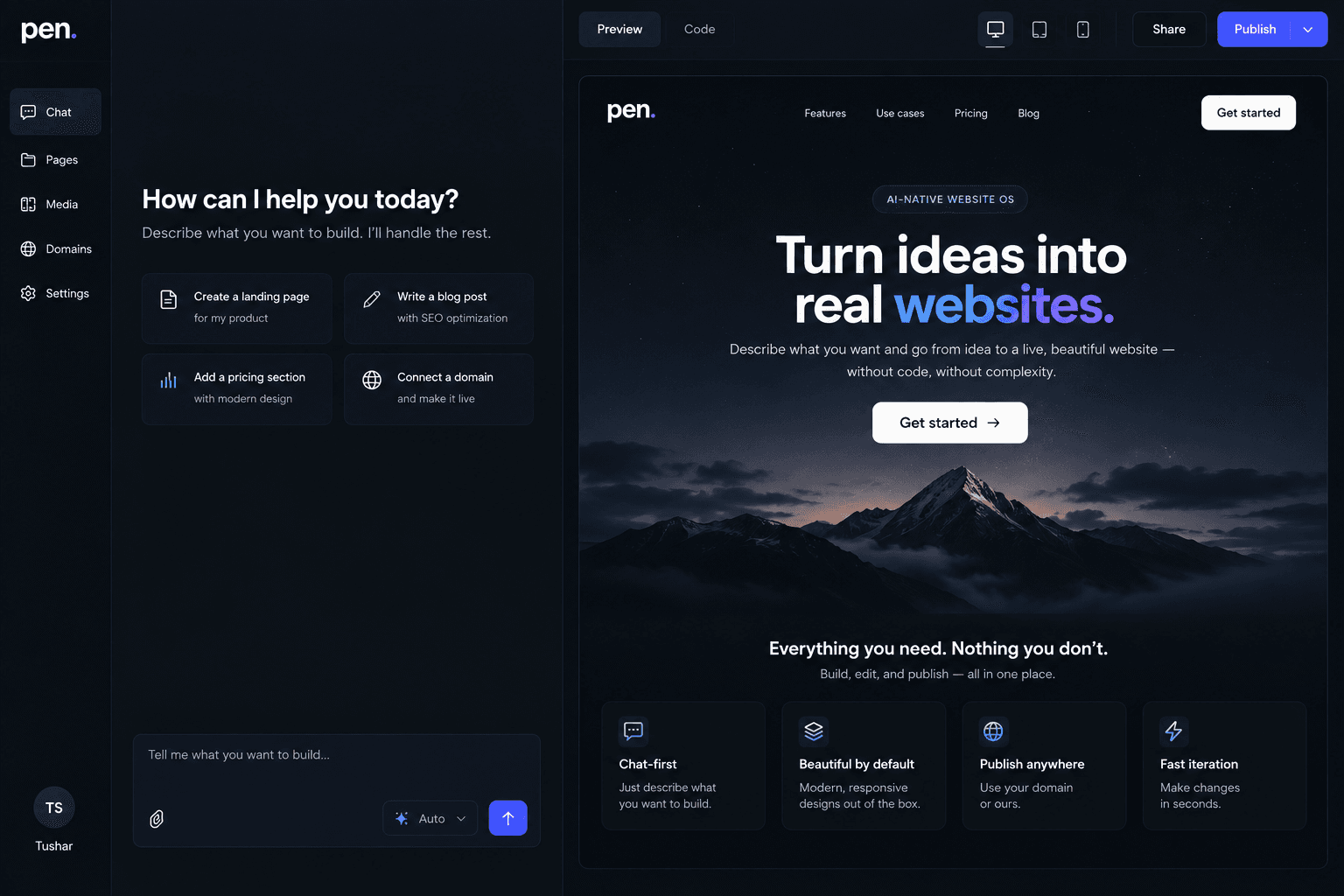 Pen workspace showing a chat alongside a website preview
